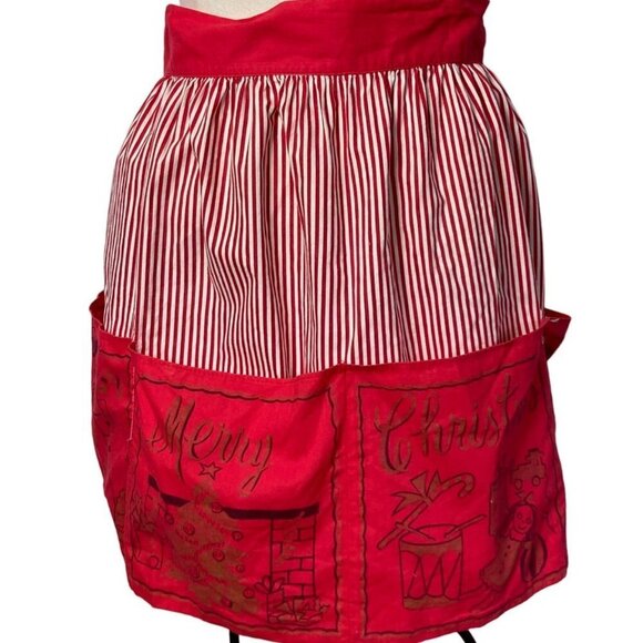 Vintage Christmas Half Apron Red White Strip Snowman Santa Toys Tree Mid Century - Picture 1 of 12